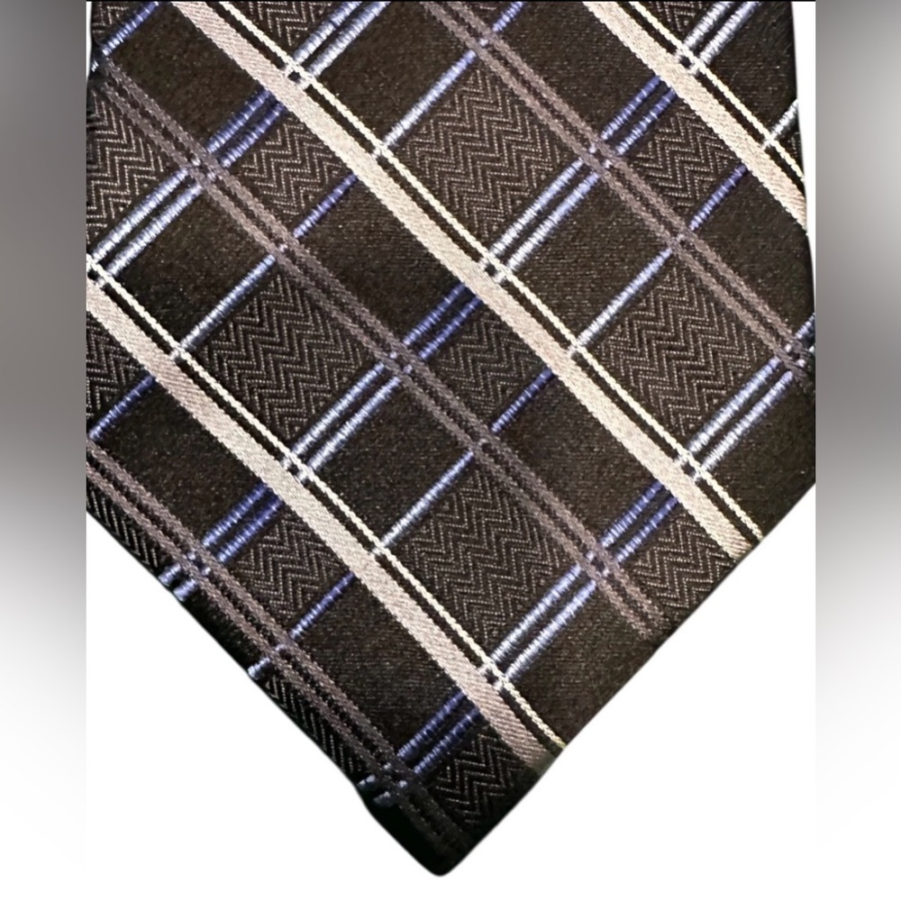 Pronto Uomo Men’s 100% Silk Tie Black Blue Plaid Handmade Modern Classic
